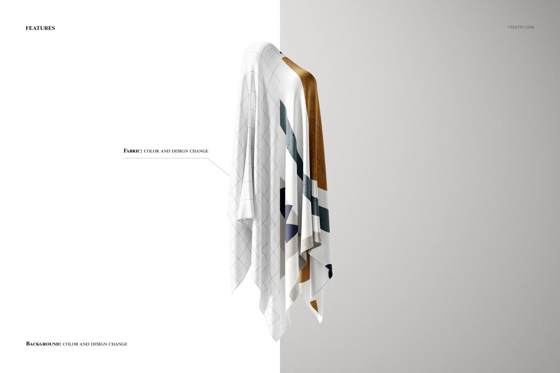 Draped silk fabric mockup hanging against a split white and gray background, showing geometric patterns and folds.