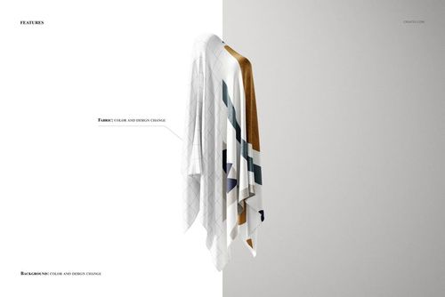 Draped silk fabric mockup hanging against a split white and gray background, showing geometric patterns and folds.