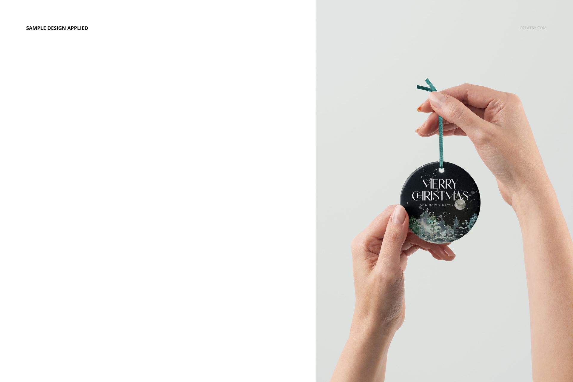 Round ceramic Christmas ornament mockup held by two hands, featuring a dark festive design and green ribbon.