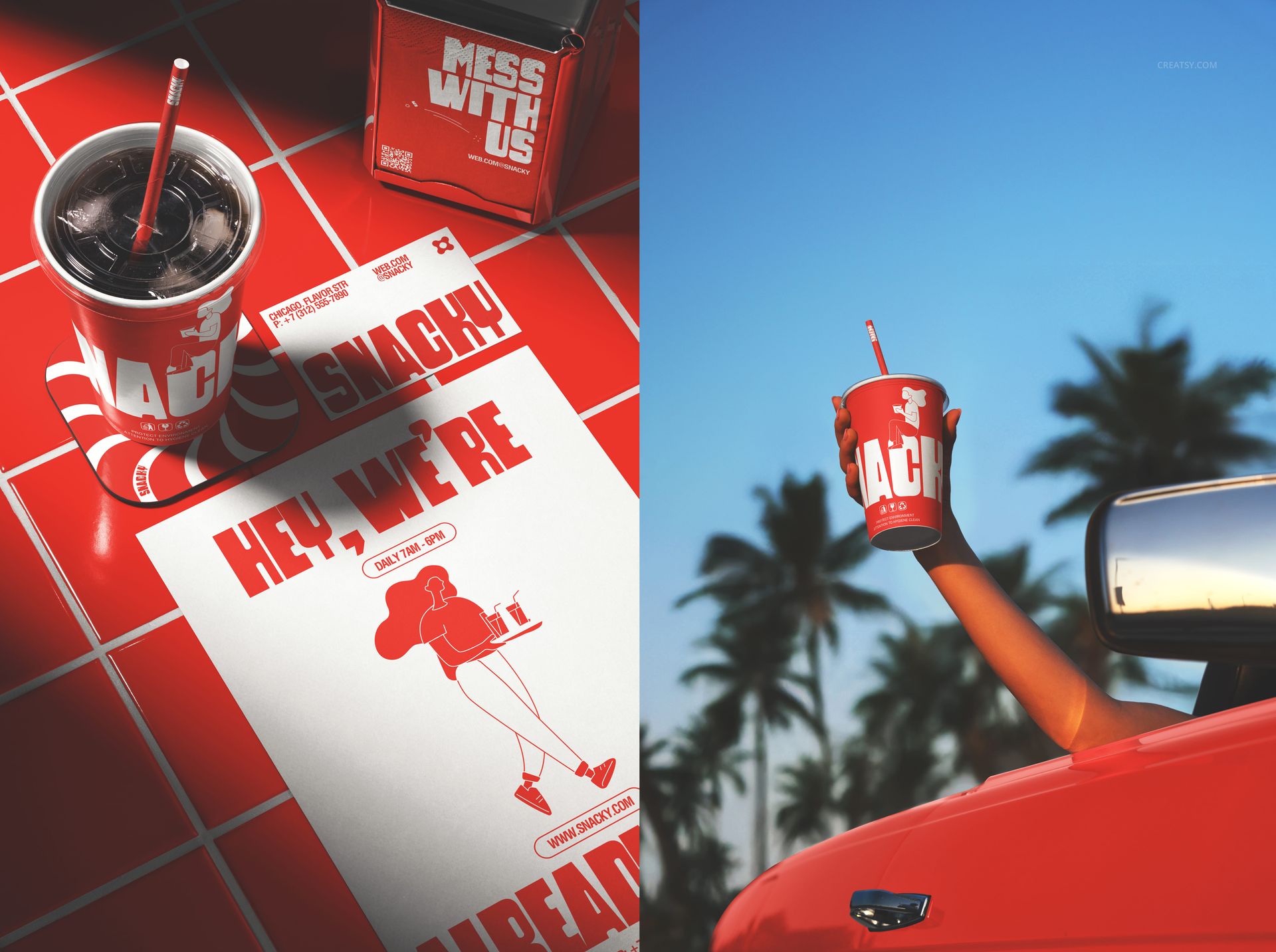 Fast food branding mockup featuring a red paper cup with straw, burger box, and menu sheet on a red tiled surface.