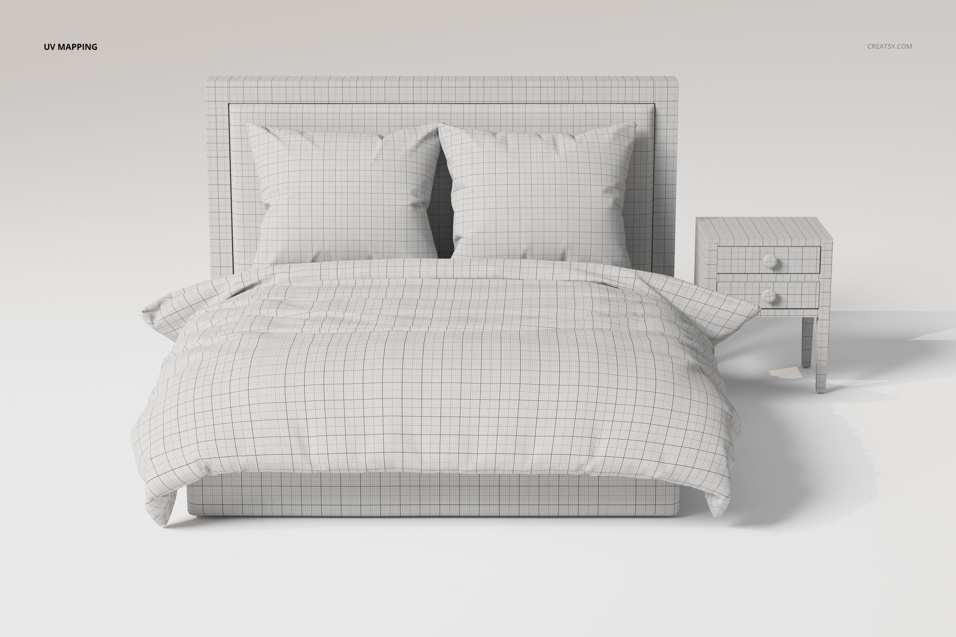 Front view of a continental bed with two pillows and a duvet, next to a nightstand, all covered in a light grid pattern.