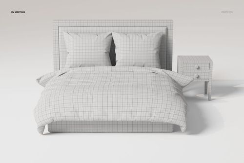Front view of a continental bed with two pillows and a duvet, next to a nightstand, all covered in a light grid pattern.