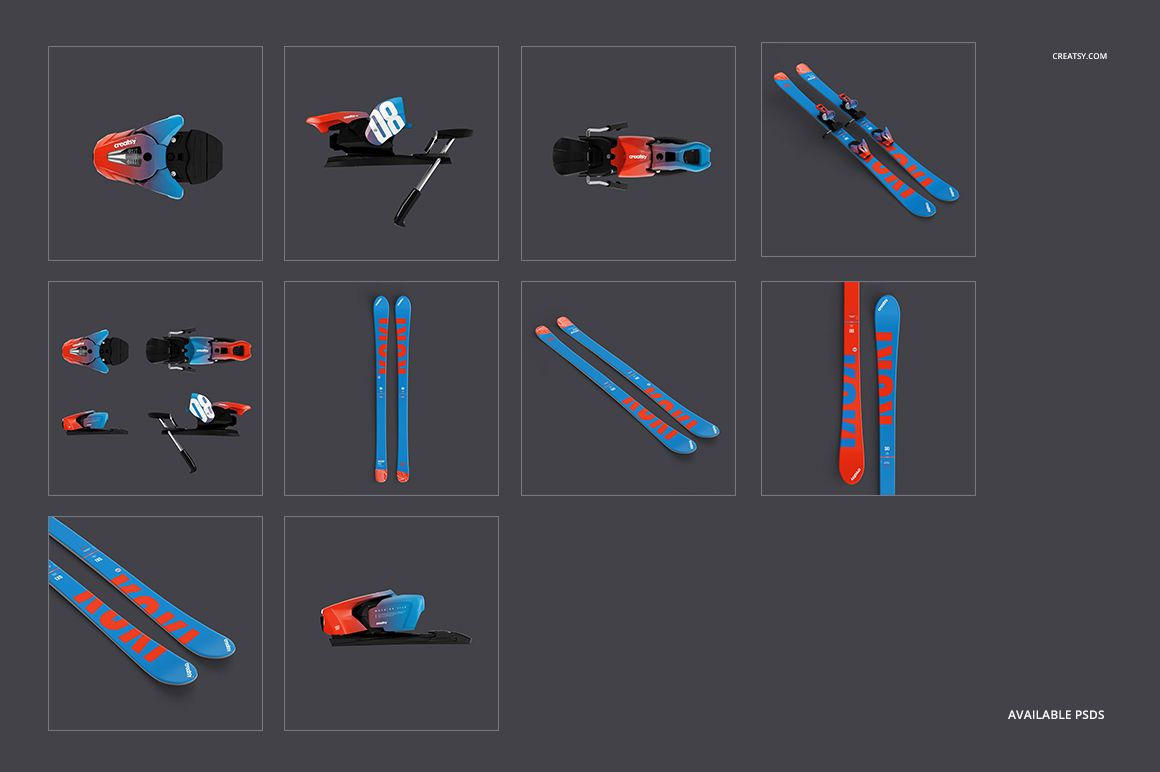 Set of ski equipment mockups displayed on a dark background, featuring blue and red skis and bindings from various angles.