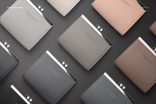 PSD mockup set featuring various leather wallet purses in muted colors, shown from above on a matte background.