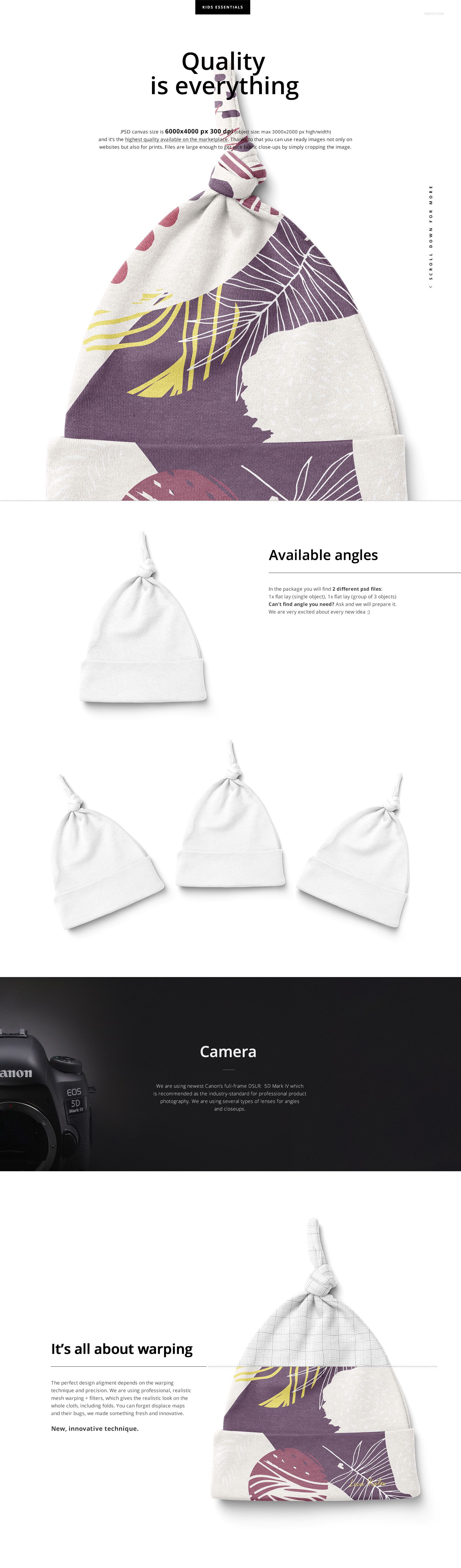 Baby knotted hat mockup featuring a front view of a white hat with a colorful abstract pattern and knotted top.