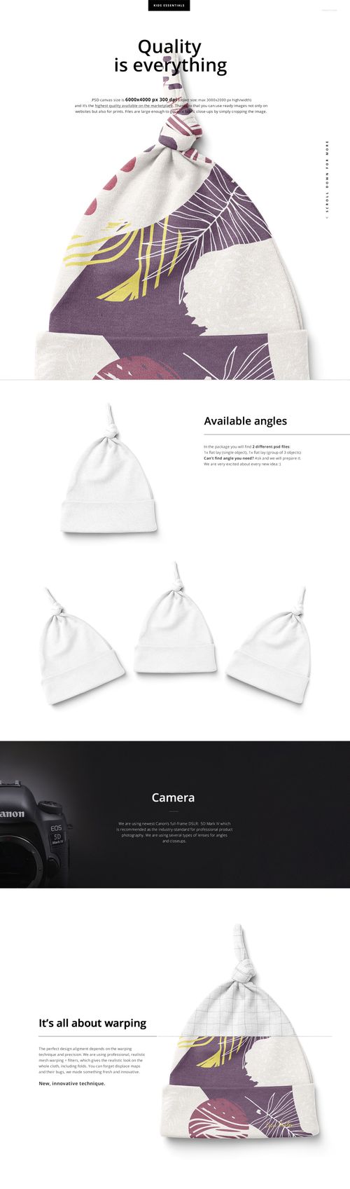 Baby knotted hat mockup featuring a front view of a white hat with a colorful abstract pattern and knotted top.