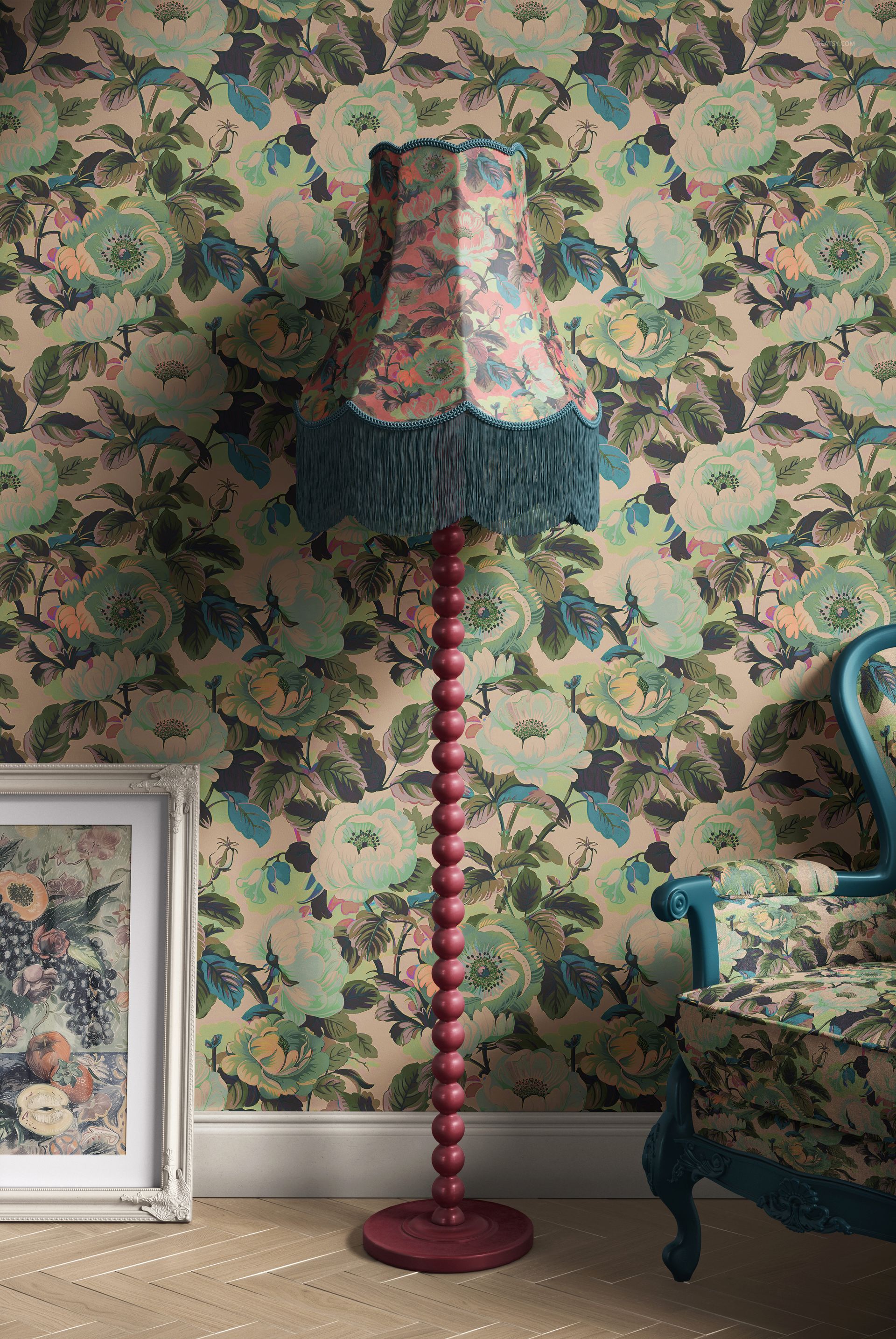 Retro-style lampshade mockup in a vintage interior, featuring bold floral wallpaper and matching upholstered furniture.
