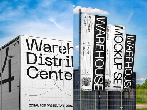 Outdoor advertising mockup showing a warehouse facade with bold lettering and tall banners displaying mockup set details.