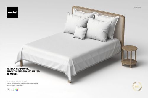 Front view of a rattan headboard bed with white fringed bedspread and multiple white pillows, placed beside a round wooden nightstand on a plain background.