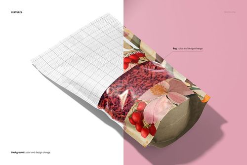Dried goji berries paper pouch mockup displayed half on a white grid and half on a solid pink surface, with visible contents.