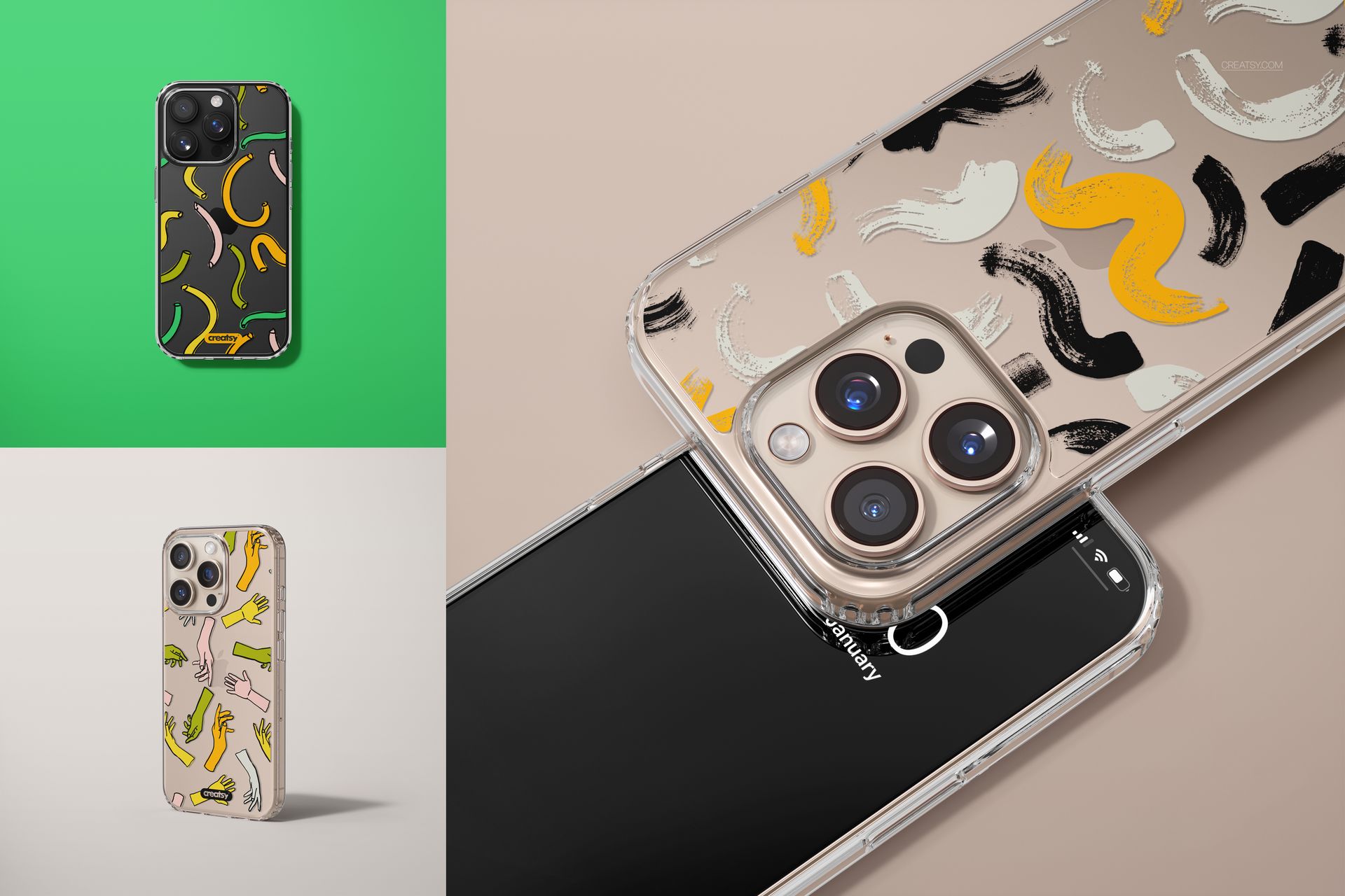 Clear phone case mockup for iPhone 16 Pro Max shown with abstract brushstroke patterns in multiple colors and angles.