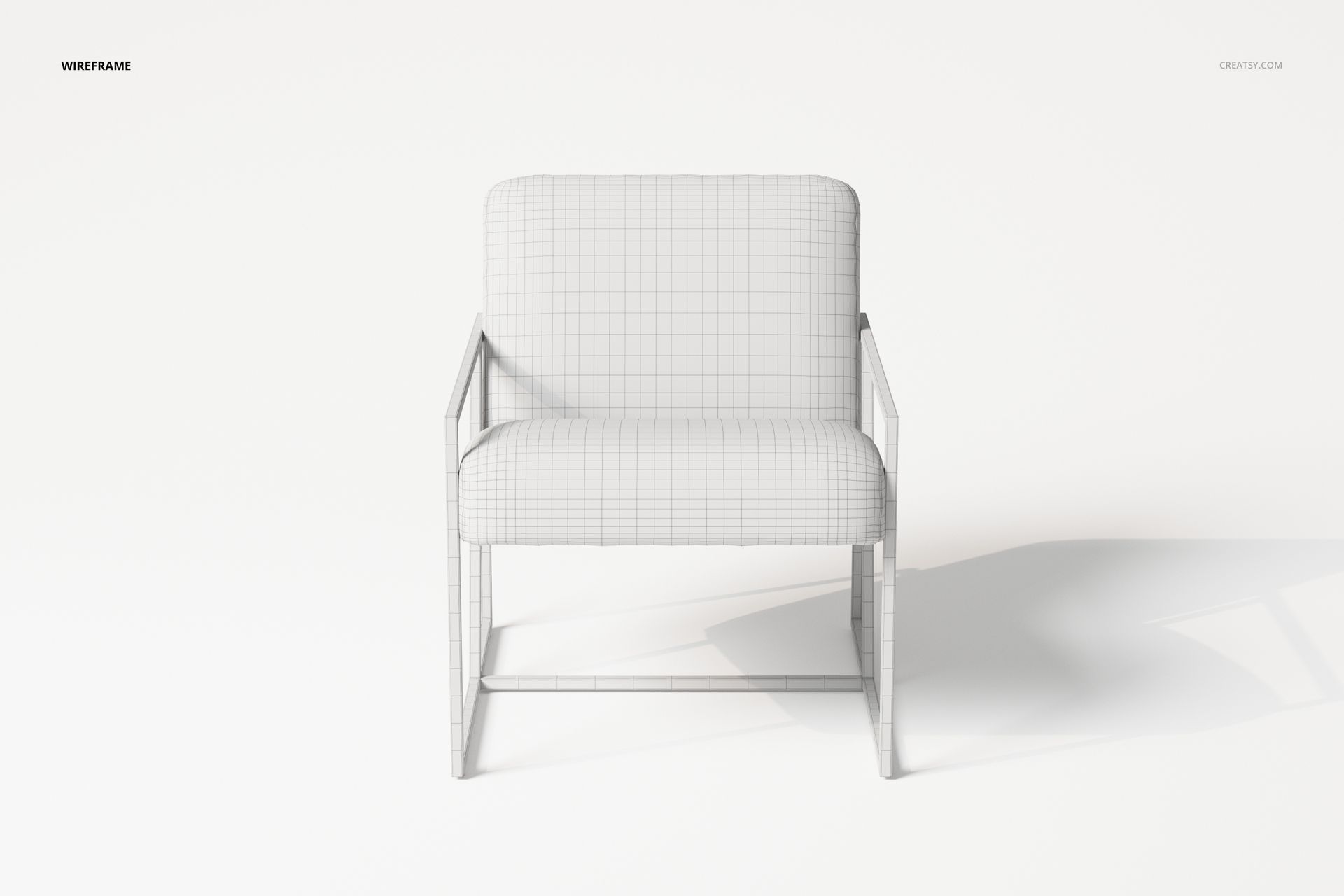 Front view of a modern armchair with angular lines, shown in white wireframe style on a plain white background.