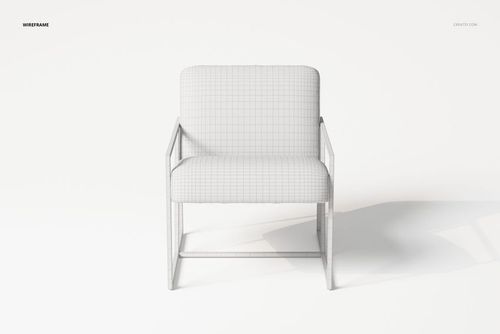 Front view of a modern armchair with angular lines, shown in white wireframe style on a plain white background.