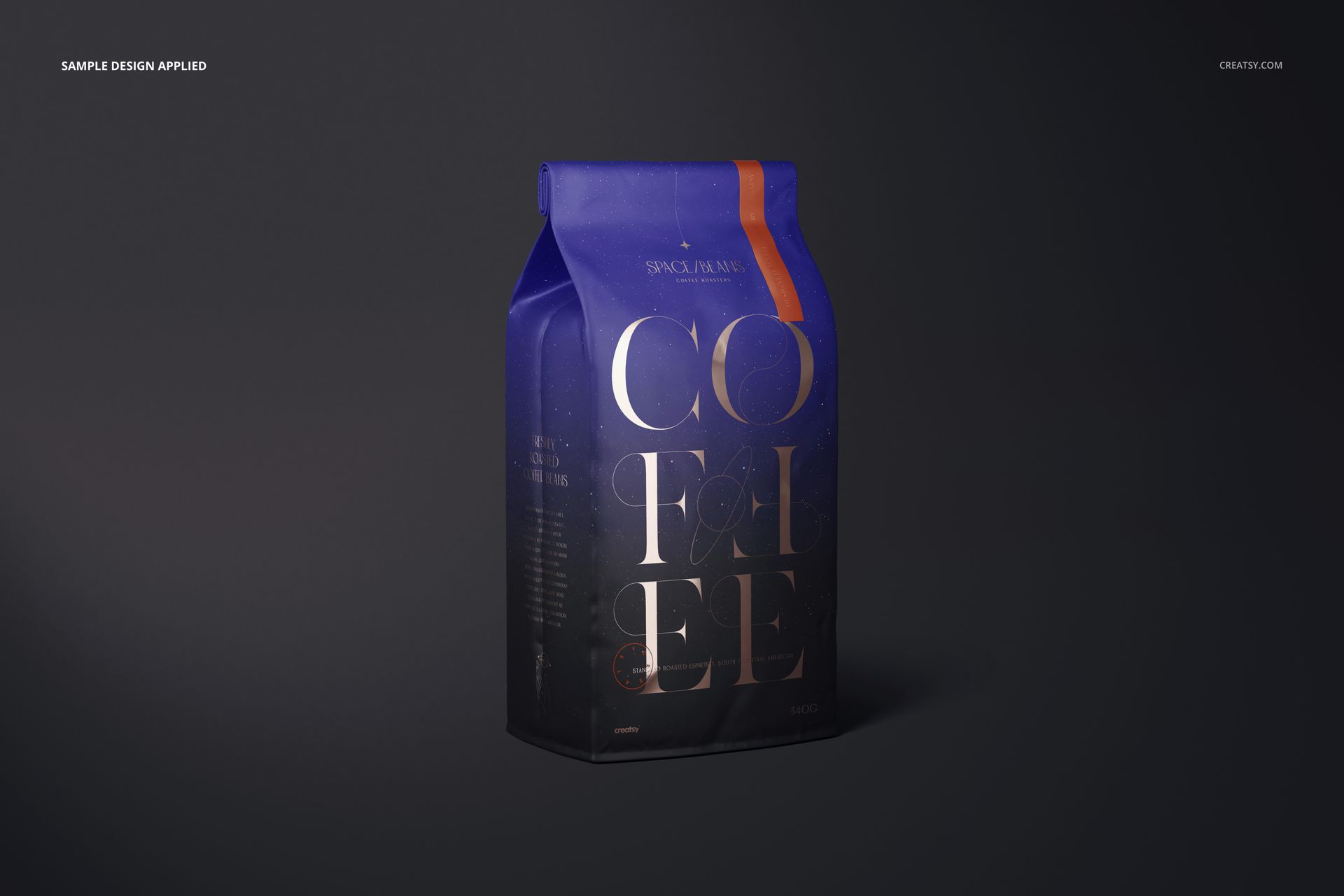 Matte finish coffee bag mockup featuring a standing rectangular package with bold purple and orange accents on a dark background.