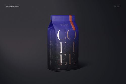 Matte finish coffee bag mockup featuring a standing rectangular package with bold purple and orange accents on a dark background.