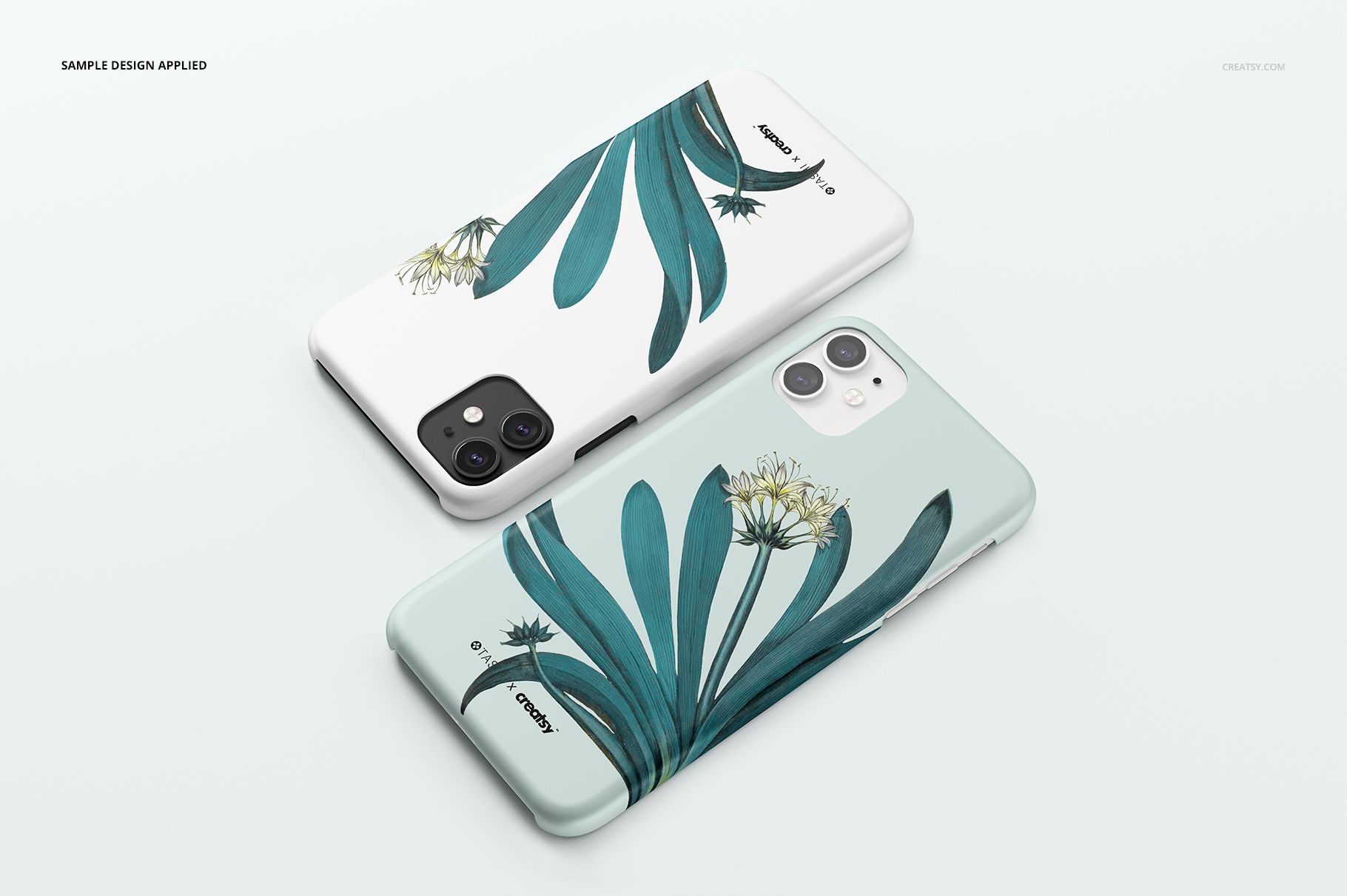 iPhone 11 matte snap case mockup set with floral pattern, showcasing two phones on a minimalist white background.