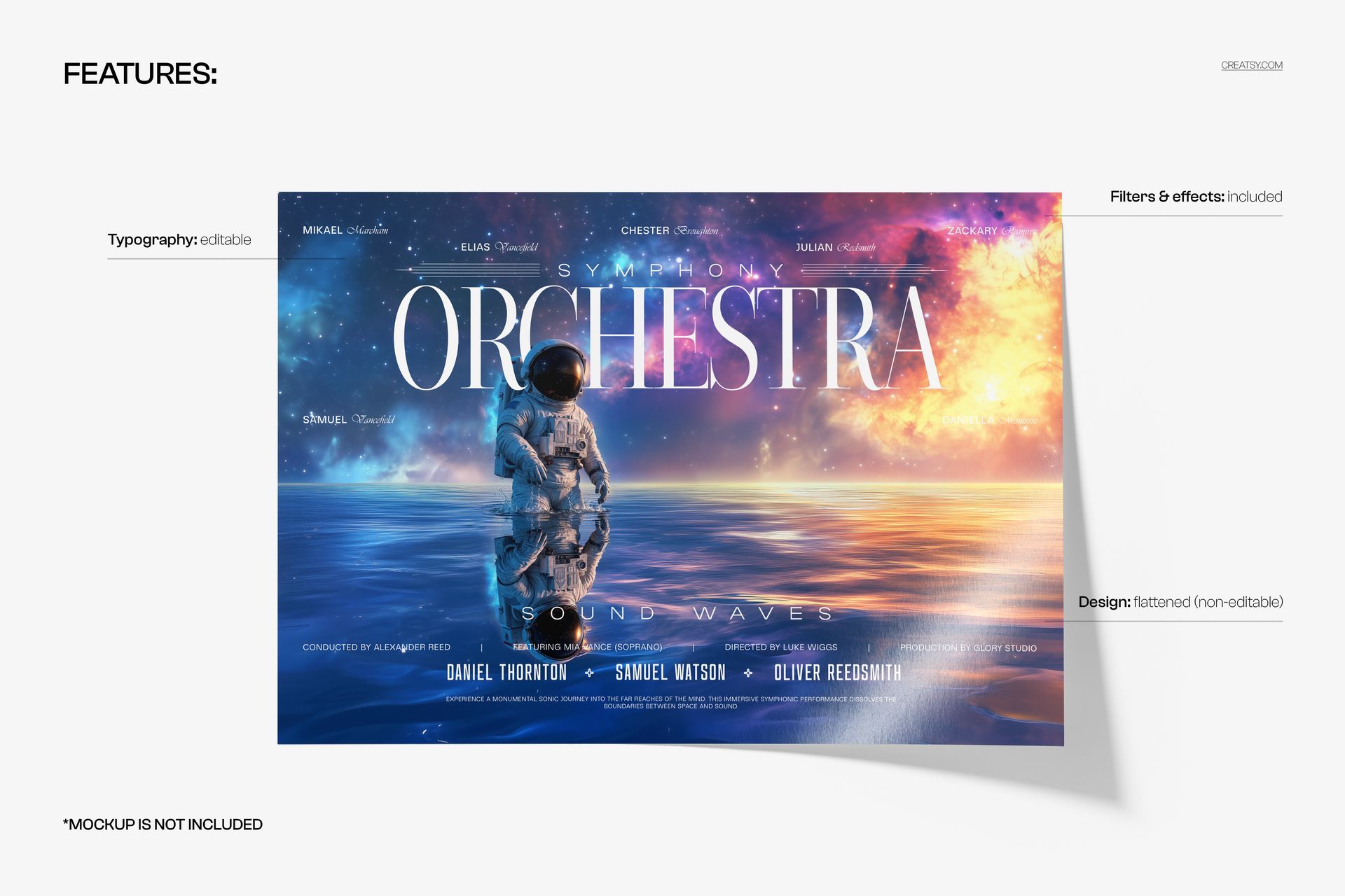 Poster mockup featuring a solitary astronaut standing in a surreal ocean with vibrant nebula skies and sunset colors.