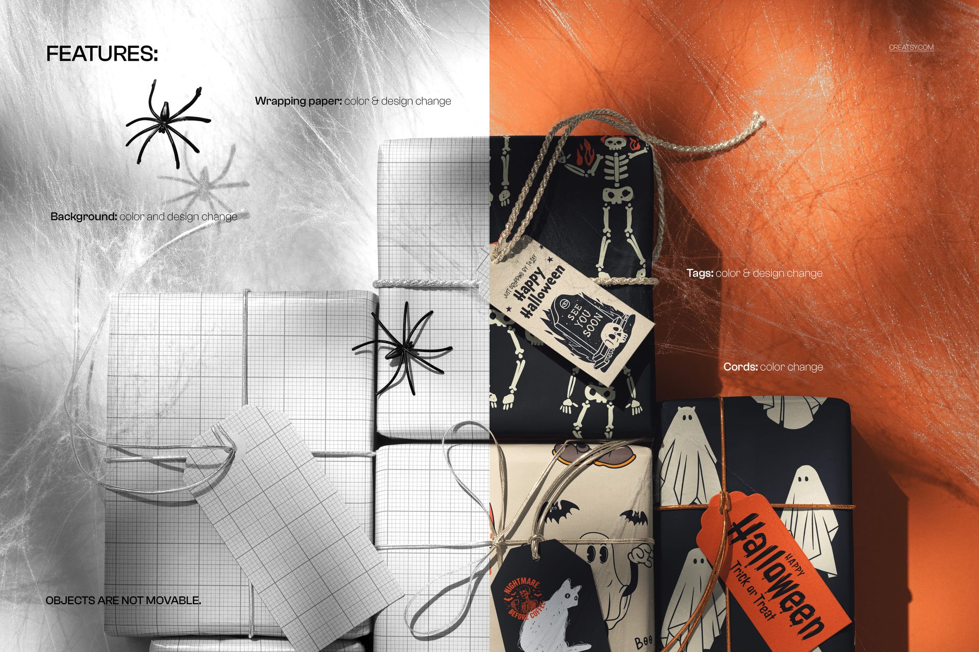 Halloween gift wrap boxes mockup featuring various packages with spooky designs, tags, and string accents, top view.