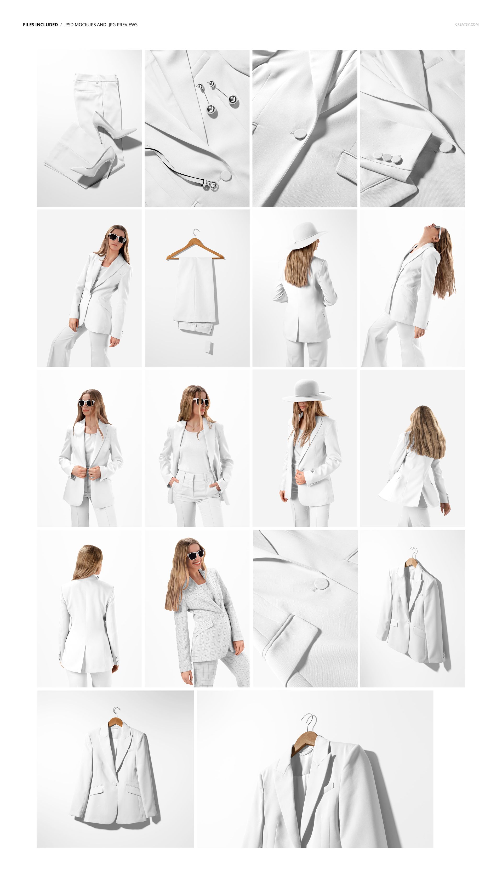White blazer and trousers two-piece suit mockup set shown in various angles, including flat lays and model poses.