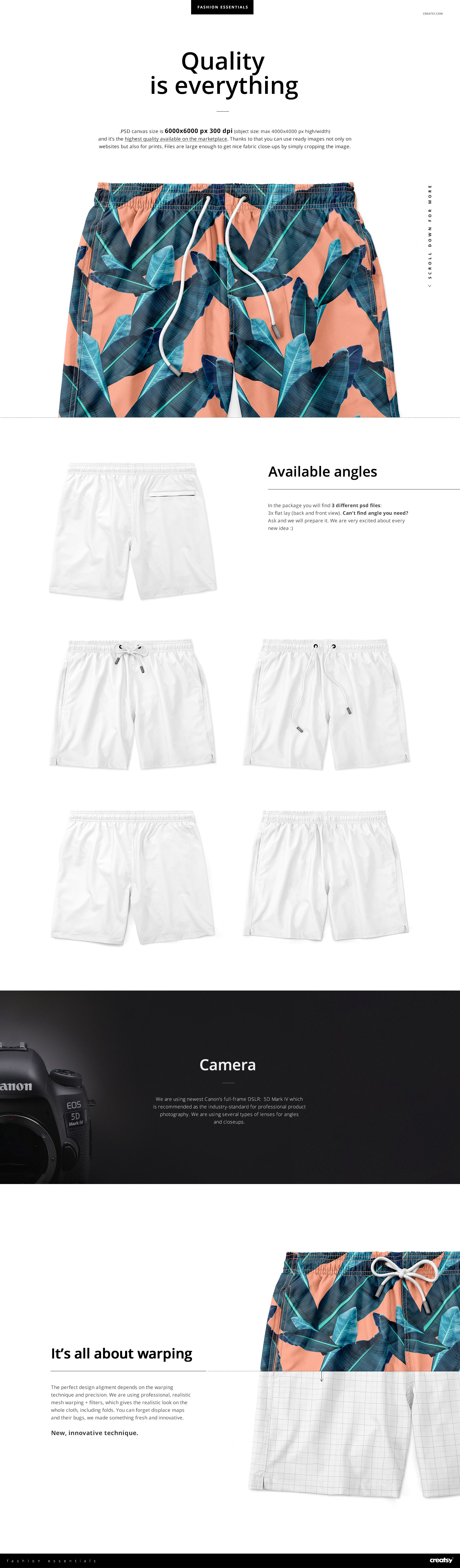 Men's swim trunks mockup featuring a front view of shorts with a tropical leaf pattern in teal and peach colors.
