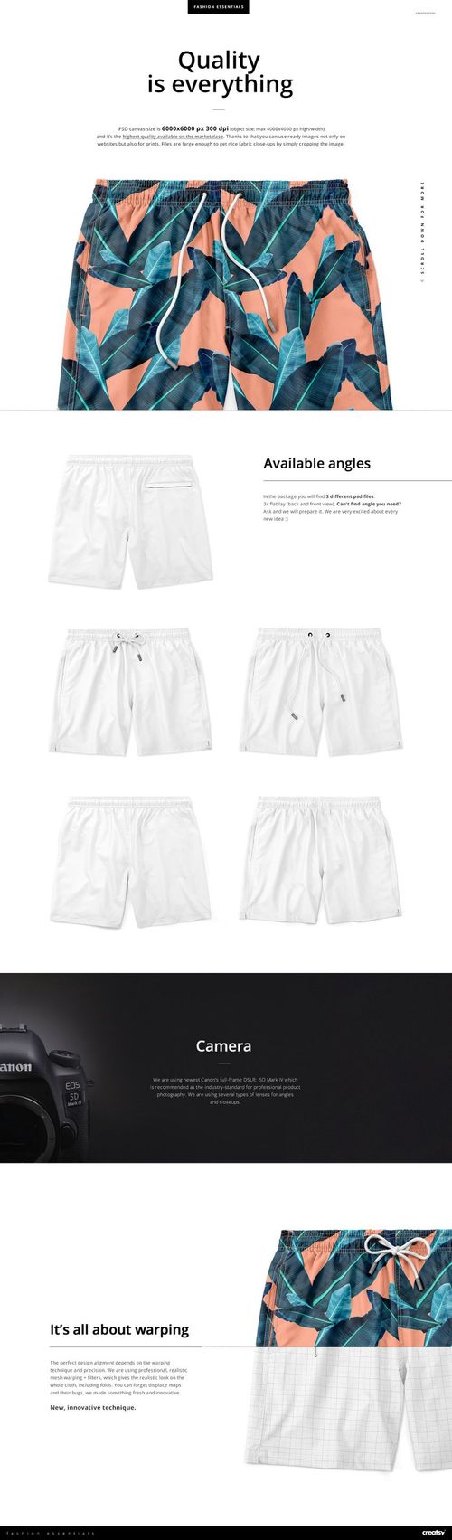 Men's swim trunks mockup featuring a front view of shorts with a tropical leaf pattern in teal and peach colors.