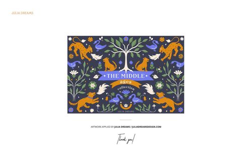 Rectangular twill silk fabric mockup featuring a colorful medieval-inspired pattern with animals and flowers.