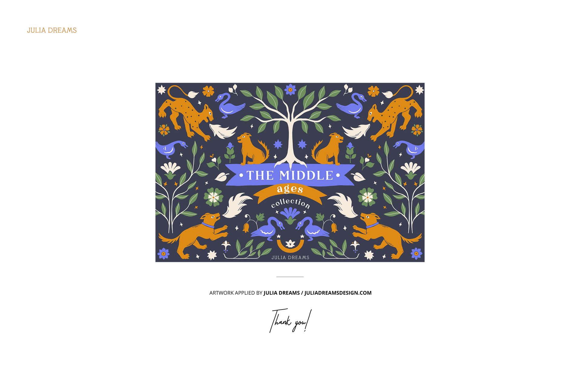 Rectangular twill silk fabric mockup featuring a colorful medieval-inspired pattern with animals and flowers.