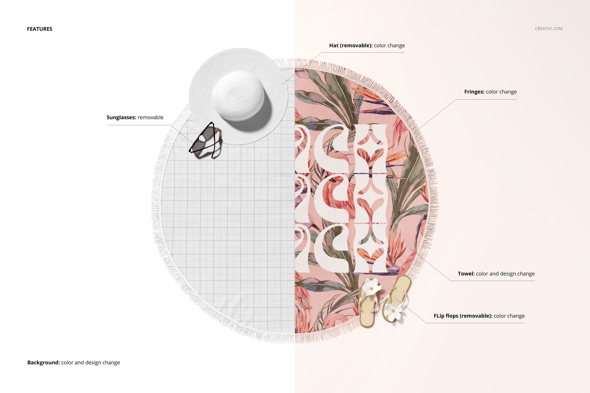 Round beach towel mockup with tassel fringe, featuring a pink and green tropical pattern, top view split scene.