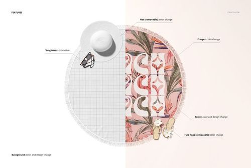 Round beach towel mockup with tassel fringe, featuring a pink and green tropical pattern, top view split scene.