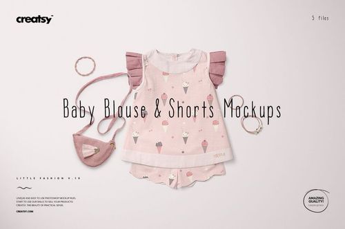 Front view of a baby blouse and shorts set mockup in soft pink tones with ice cream pattern, matching purse, and neutral background.