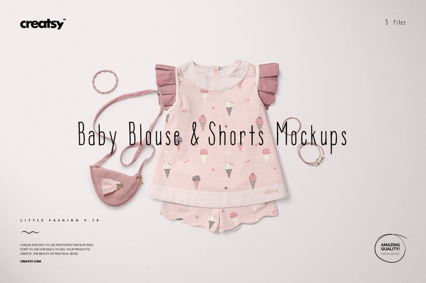 Front view of a baby blouse and shorts set mockup in soft pink tones with ice cream pattern, matching purse, and neutral background.