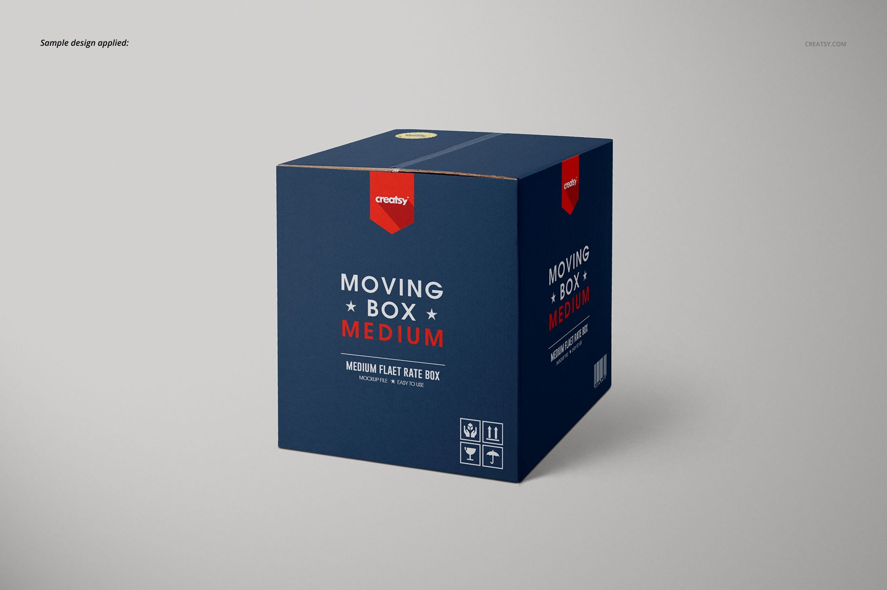 Square cardboard box mockup in dark blue with red details, shown from the front and slightly to the side.