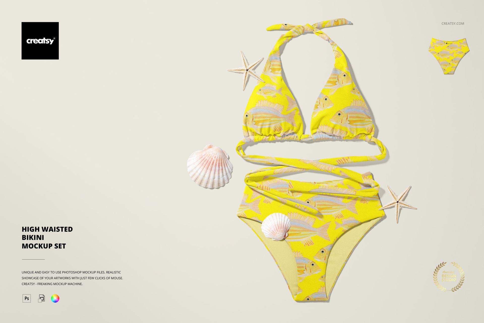 High waisted bikini mockup set in yellow with fish pattern, displayed flat on a light background with shells and starfish.
