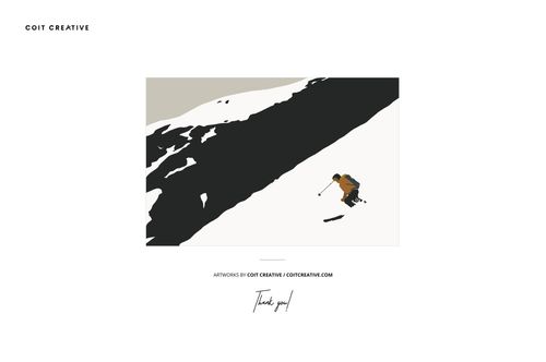 A2 card mockup displaying a skier illustration on a snowy mountain slope, shown from a front perspective.