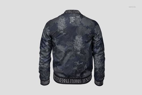 Back view of men's bomber jacket mockup with dark floral pattern, ribbed cuffs, and collar on a light background.