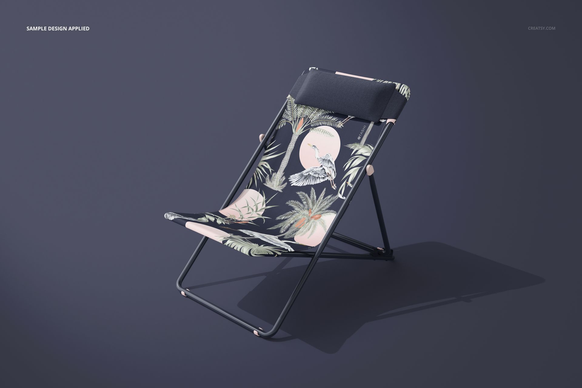 PSD mockup of a folding beach chair featuring a botanical print, shown from the front at a slight angle.