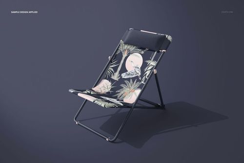 PSD mockup of a folding beach chair featuring a botanical print, shown from the front at a slight angle.