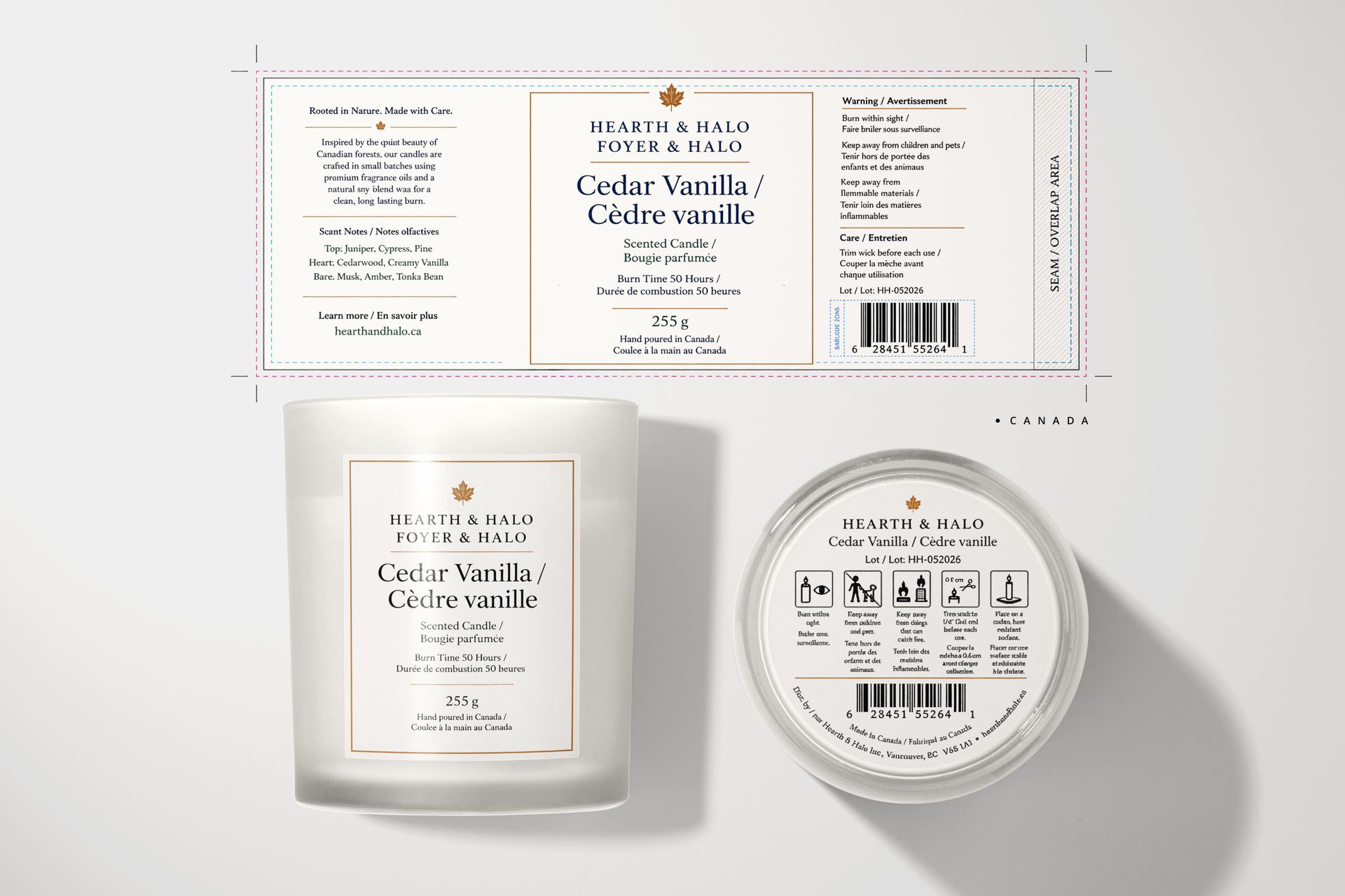 Canadian bilingual candle label mockup with English and French warning, care, burn time, and lot information
