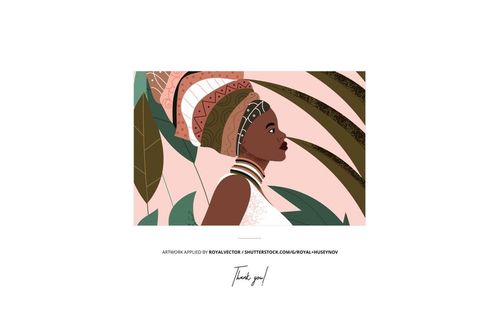 Front view of a chocolate bar mockup with abstract artwork featuring a woman in patterned headwrap and large leaves.
