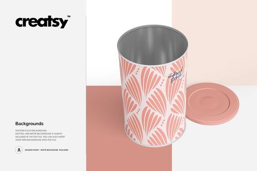 Open tin canister mockup with pink and white decorative pattern, lid placed beside on a pastel background.