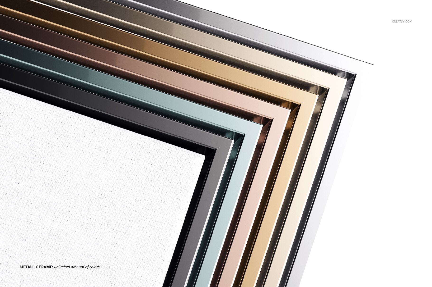PSD mockup displaying layered canvas floater frames in different metallic shades, set against a clean white backdrop.