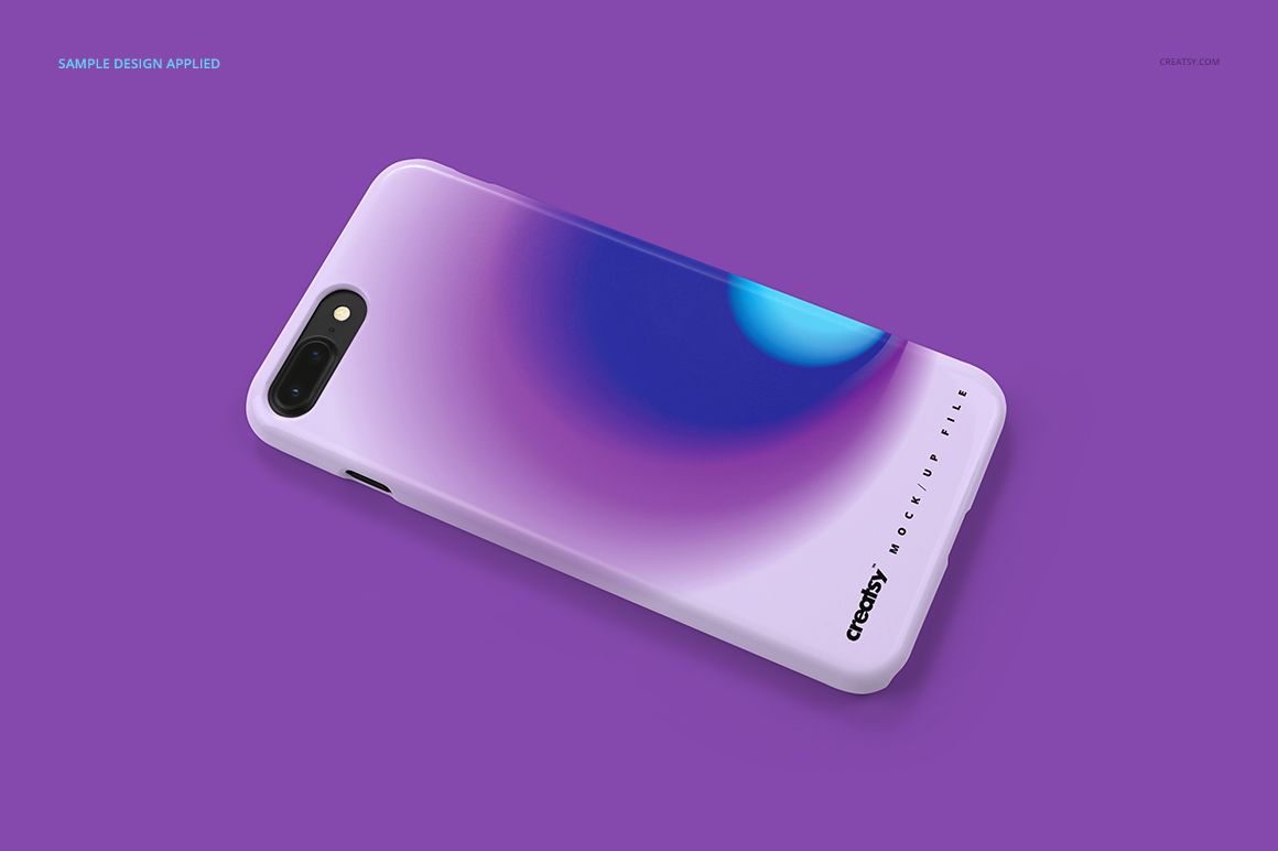 iPhone 7+ or 8+ plastic case mockup with a smooth purple and blue abstract pattern, displayed on a violet surface.