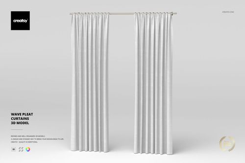 Front view of white wave pleat curtains hanging from a metal rod against a plain light gray background.