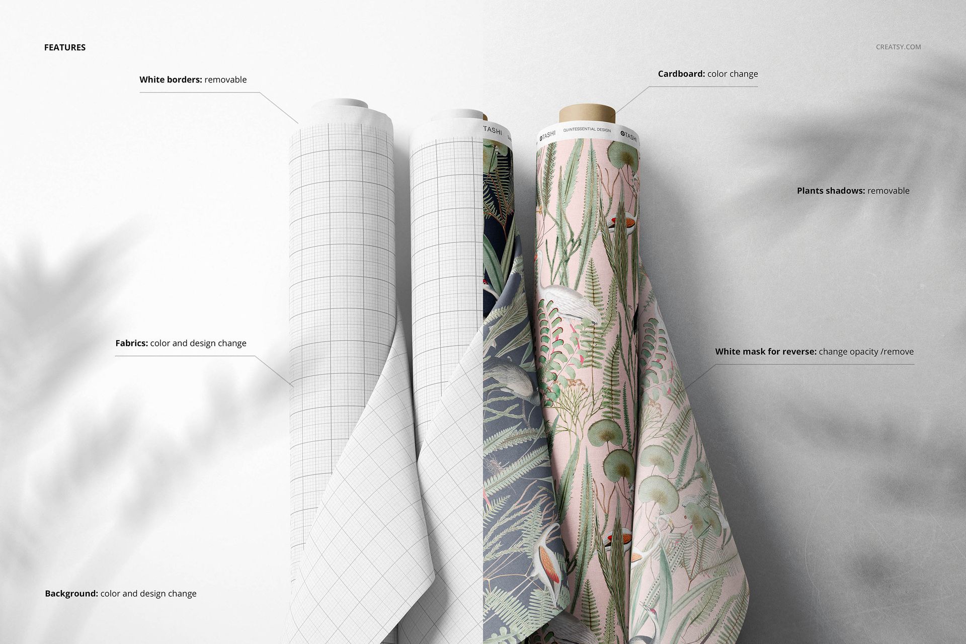 Three fabric rolls standing upright against a light background, each featuring different patterns and colors, front view.