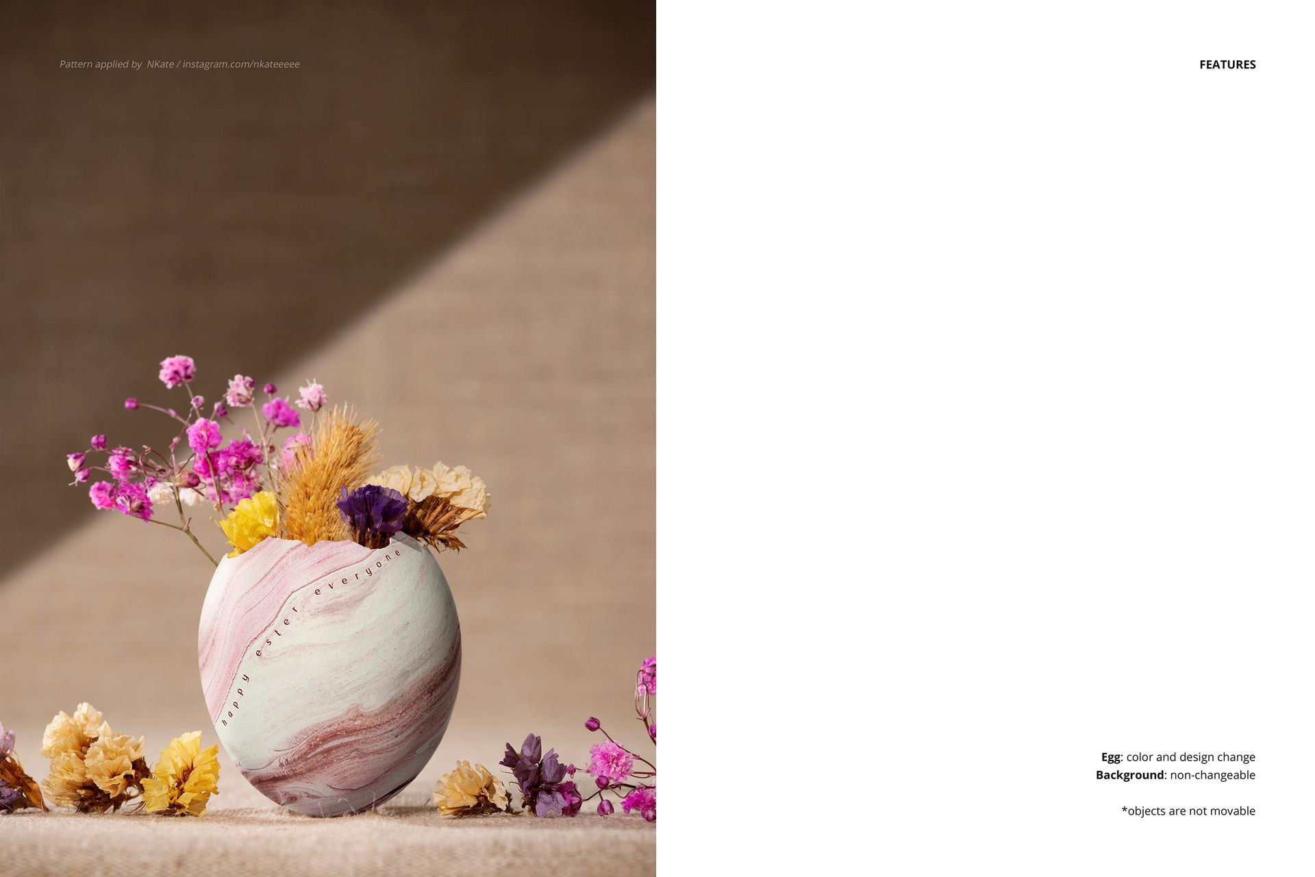 Retro Easter egg mockup featuring a marbled pink and white egg surrounded by dried flowers, photographed on natural linen.