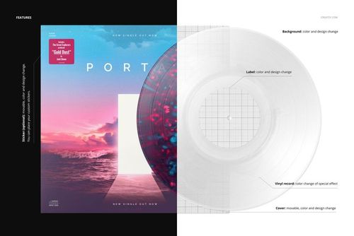 Front view of a vinyl record and cover mockup, featuring a split design with a colorful ocean scene and transparent record.