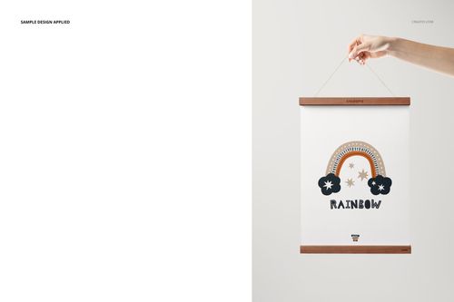 A3 poster in a wooden hanger mockup, featuring a minimalist rainbow illustration, shown against a plain background.