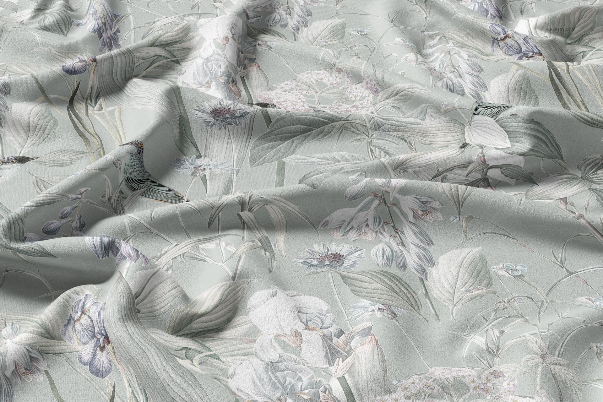 Textured curtain fabric mockup featuring delicate floral and leaf motifs in pastel colors, displayed from above.