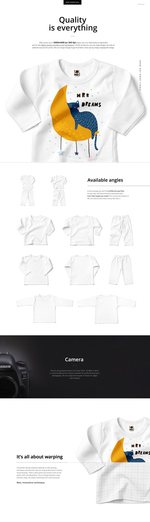 Baby long sleeve pyjama set mockup featuring a white top and pants, displayed from multiple angles on a plain background.