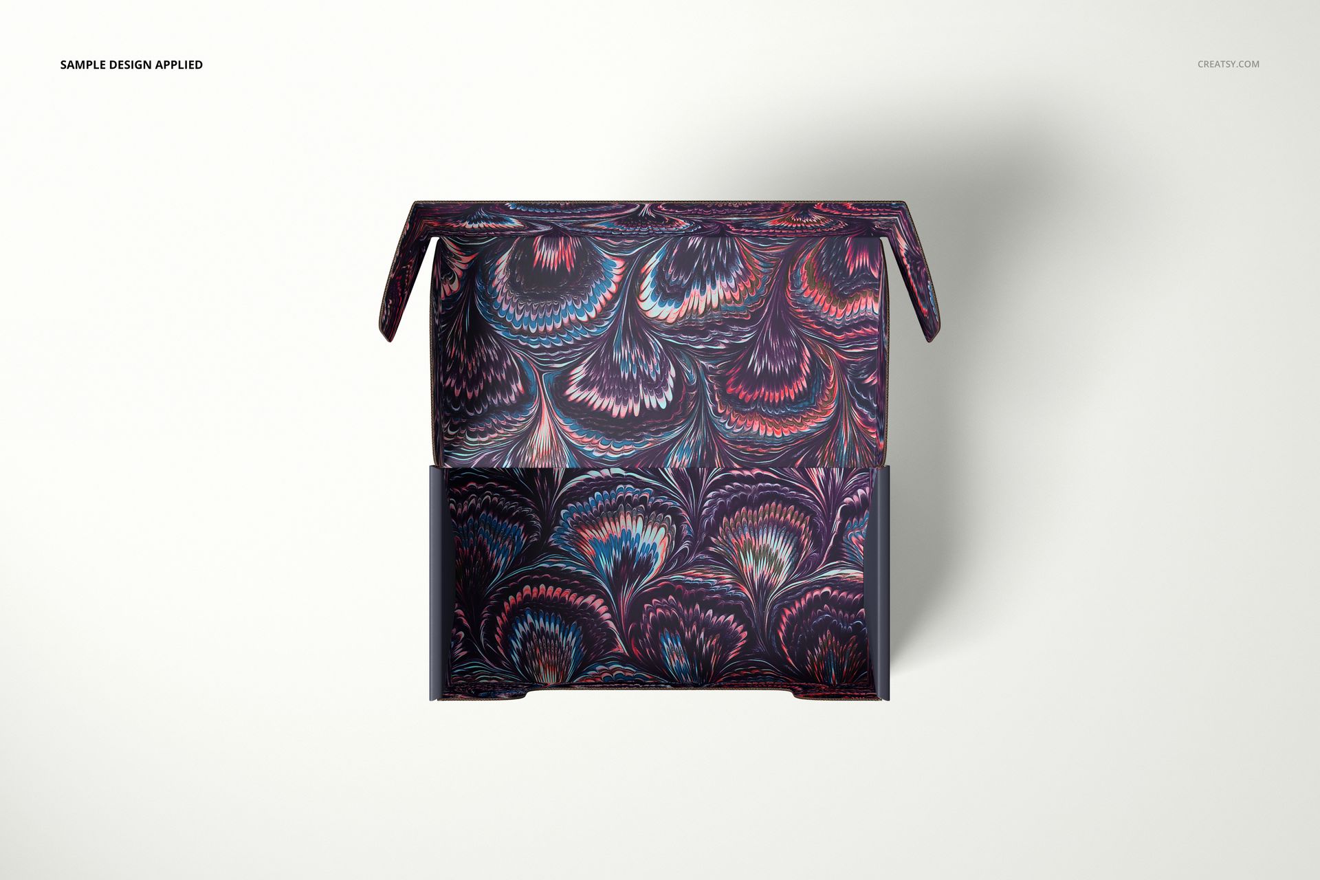 Open mailer box mockup displaying vivid swirling patterns in blue, purple, and red tones against a plain background.